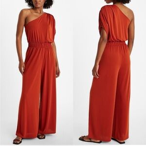 Express Cinnibar Ruched Wide Leg Elegant One-Shoulder jumpsuit fall event